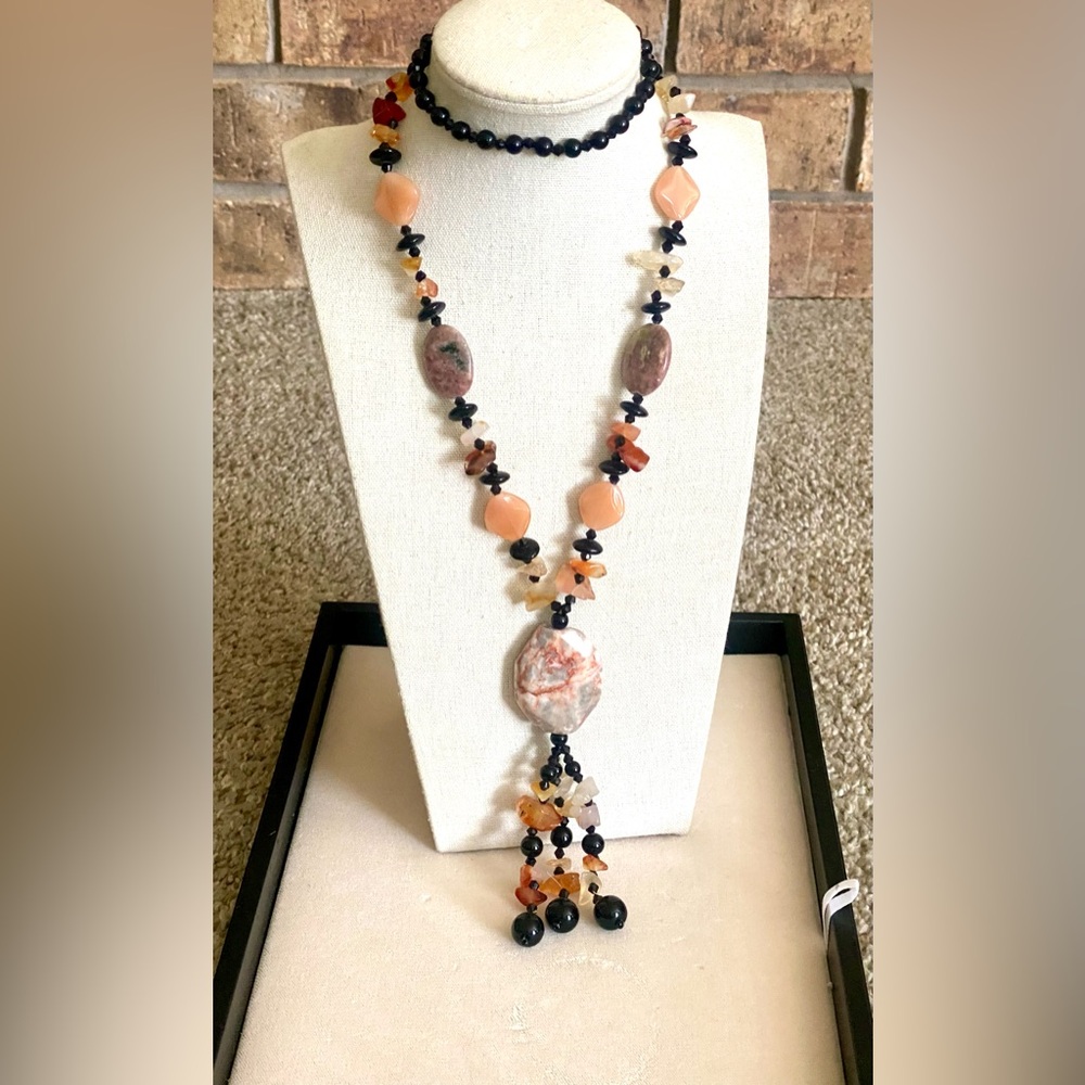Natural Stone Black & Orange Tassel Necklace